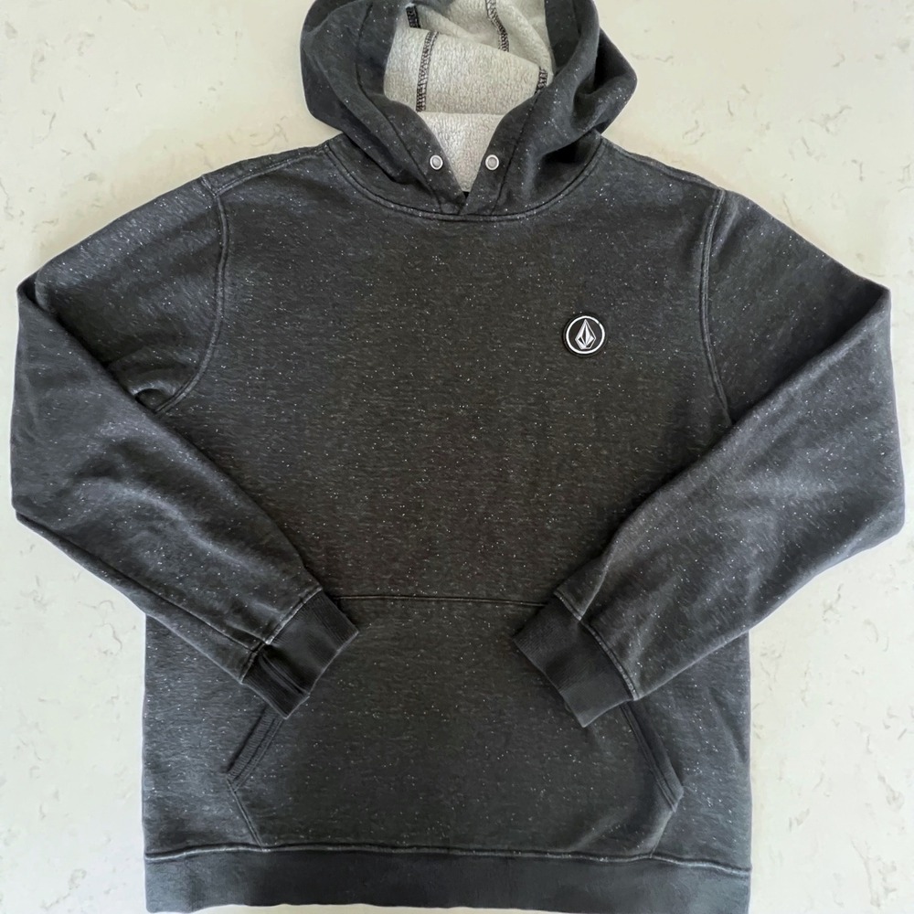 Men's Black Volcom Pull Over Hoodie Medium Black Dark Gray White Specks